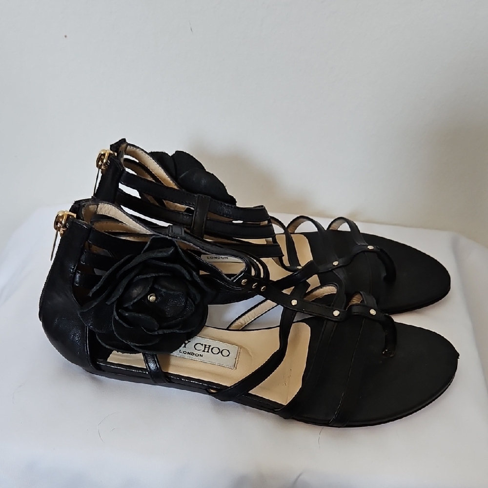 Jimmy Choo Black Strappy Sandals with Floral Detail